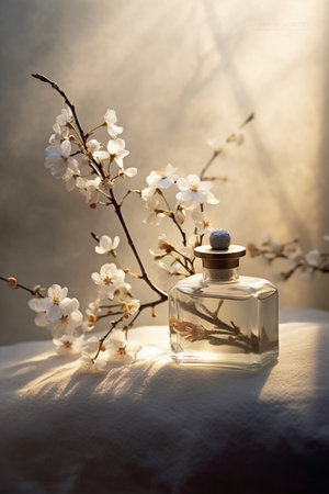 perfume bottle with white cherry blossoms on the table in sunlightの素材