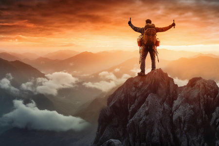 Hiker standing on top of a mountain and raising his hands up.の素材