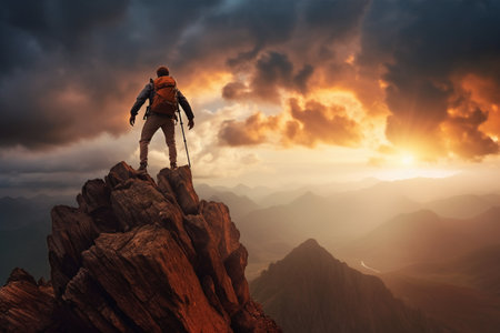 Hiker standing on the top of the mountain with a backpack and looking at the sunsetの素材