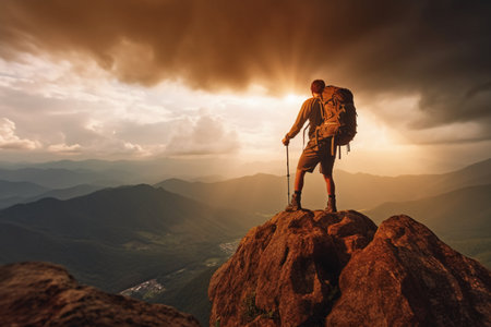Hiker with backpack standing on top of a mountain and enjoying the viewの素材