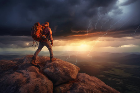 Hiker with backpack standing on the edge of a cliff and looking at the stormy skyの素材