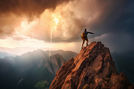Hiker on top of a mountain in the rays of the rising sunの素材