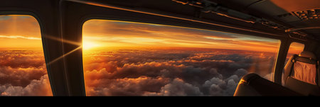Sunset over the clouds from the airplane window. Panoramic view.の素材