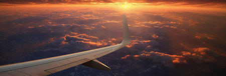 Wing of an airplane flying above clouds at sunset. 3d renderの素材