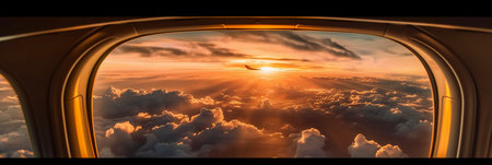 View from window of airplane flying above the clouds at sunset. Panoramaの素材