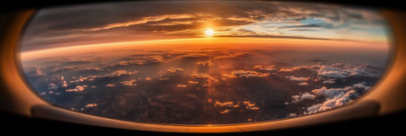 Sunset above the clouds. Panoramic view from the airplane window.の素材