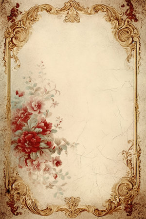 Vintage floral frame on old paper background. Copy space for text.の素材