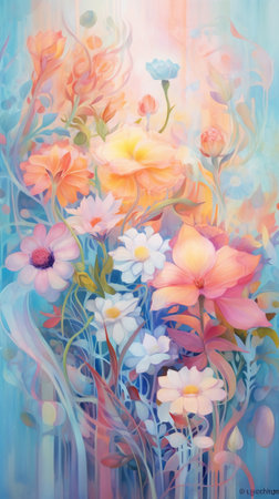 Abstract floral background with flowers. Digital painting. Colorful texture.の素材