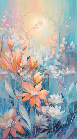 Abstract watercolor painting of orange flowers on blue background. Digital painting.の素材
