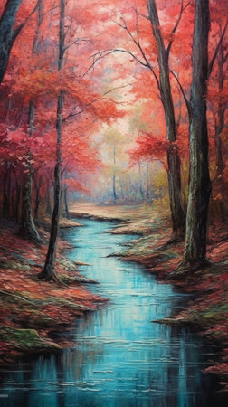 Autumn landscape with river and trees. Digital painting on canvas.の素材