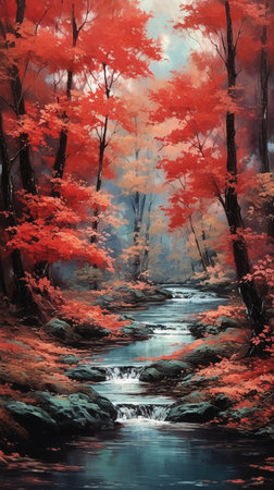 Autumn forest and river, digital painting. Colorful autumn landscapeの素材