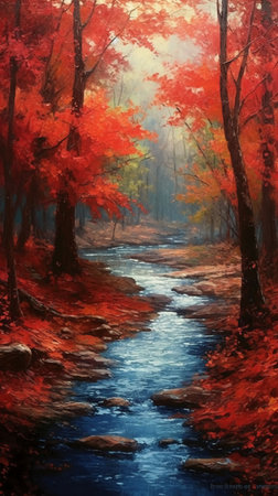 Beautiful autumn landscape with river and colorful forest. Digital painting.の素材