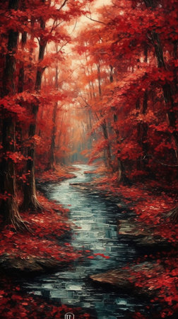 Digital painting of a path in the autumn forest with red leaves.の素材