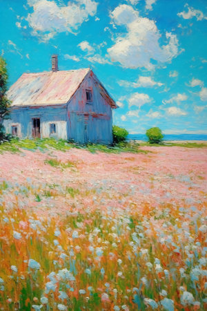 Painting of an old abandoned house in a field of flowers.の素材