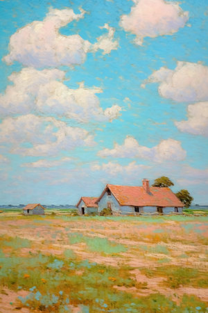 Digital painting of an old house in the countryside, with blue skyの素材