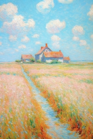 Painting of an old house in a meadow in the countrysideの素材
