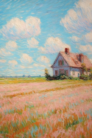 Painting of an old house in a field of wheat at sunsetの素材