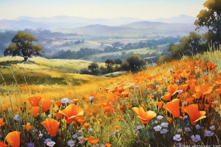 Beautiful poppies field in the mountains. Digital painting.の素材