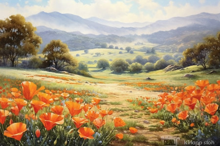 Poppies field with mountains in the background. Digital painting.の素材