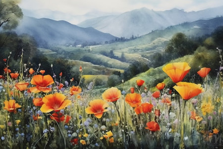 Oil painting of poppy flowers and mountains in the background. Digital painting.の素材