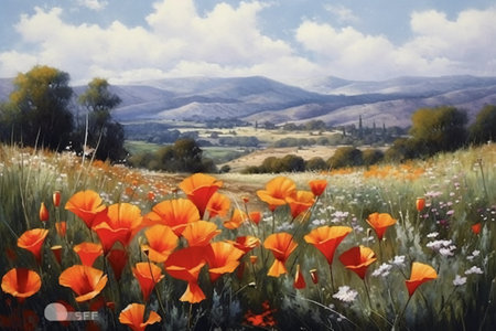 Digital painting of a field of poppies with mountains in the backgroundの素材