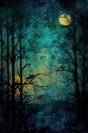 Grunge background with trees and full moon. Digital painting.の素材