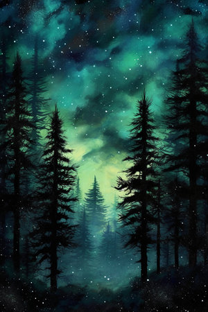 Fantasy landscape with fir trees and starry sky. Digital painting.の素材