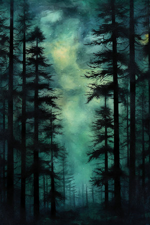 Dark forest with spruces and stars in the sky. Digital painting.の素材