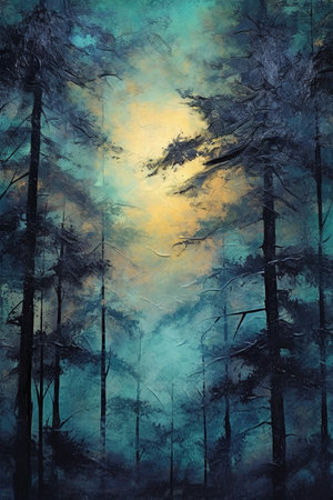 Pine trees in the forest at sunset. Digital art painting.の素材