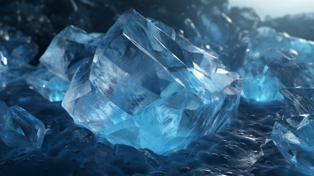 Blue crystal stones on dark blue background. 3d render illustration.の素材