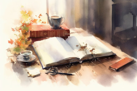 old book and coffee cup on wooden table in the morning, digital watercolor paintingの素材