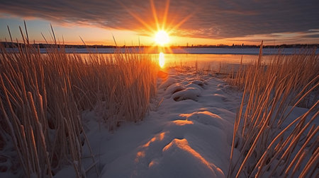 Sunset over frozen lake in winter. Landscape with frozen lake.の素材