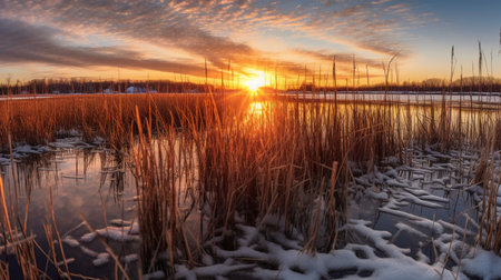 Sunset over a frozen lake in winter with reeds in foregroundの素材