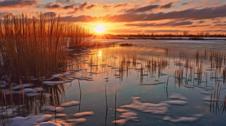 Sunset over frozen lake with reeds in winter, panoramic viewの素材
