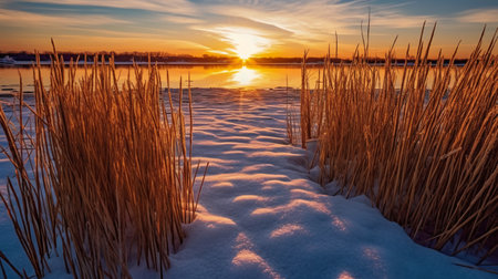 Sunset over frozen lake with reeds in winter. Beautiful winter landscape.の素材