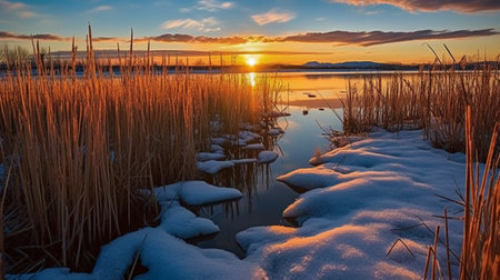 Sunset on the lake with reeds in winter. Beautiful winter landscape.の素材