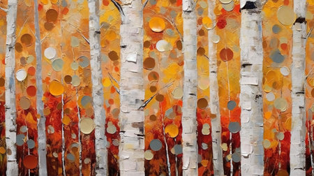 Birch trees with multicolored birch bark in autumn forestの素材