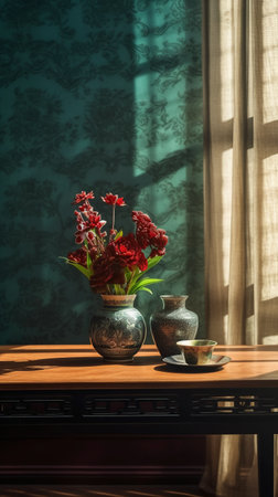 Vase with red flowers on the table near the window in the morningの素材