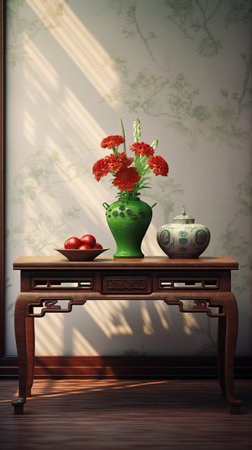 Vase with geraniums on a wooden table in a roomの素材