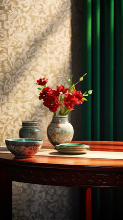 Vase with red roses on the table in a room with curtainsの素材