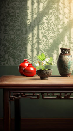 Vase and flower on wooden table in the room. Vintage style.の素材