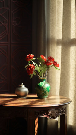 Vase with red roses on the table in the interior of the roomの素材