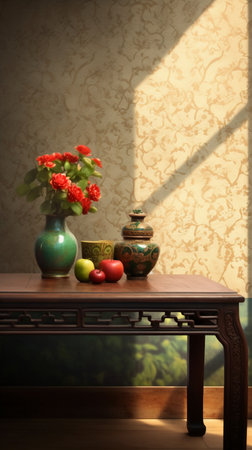 Vase with red apples on a table in a room with a windowの素材