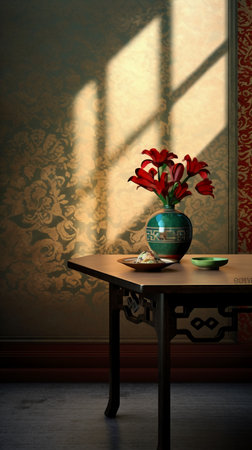 Vase with flowers on a table in a room with a windowの素材