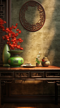 Still life with Chinese style furniture in the room,3d renderingの素材