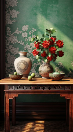 Vase with flowers on the table in vintage interior. 3d renderの素材