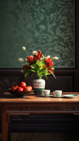Vintage interior with a vase of flowers and a cup of coffeeの素材