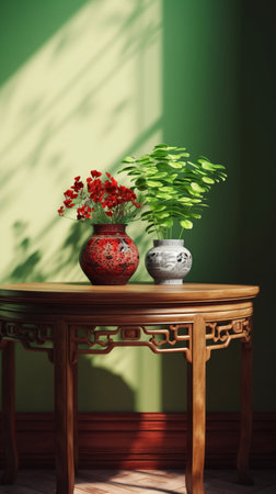 Vase with flowers on table against green wall. living room designの素材
