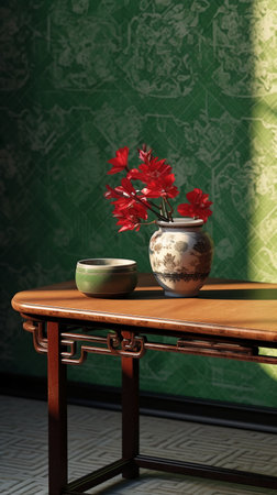 Vase with red flowers on a wooden table in a room.の素材
