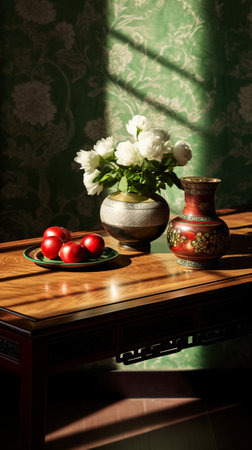 Vase with flowers on a wooden table in the interior of the roomの素材